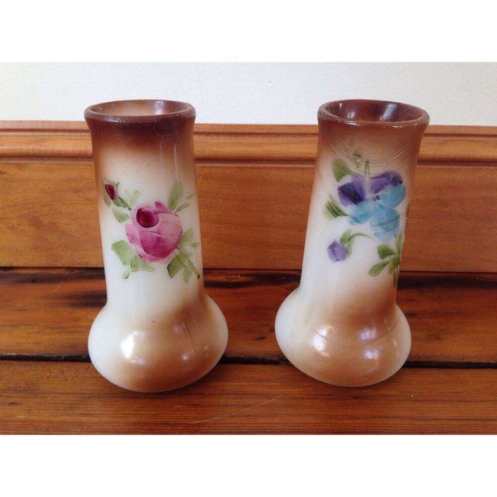 Pair 1930s Vintage Antique Handpainted Floral Brown White Milk Glass Vases 6"